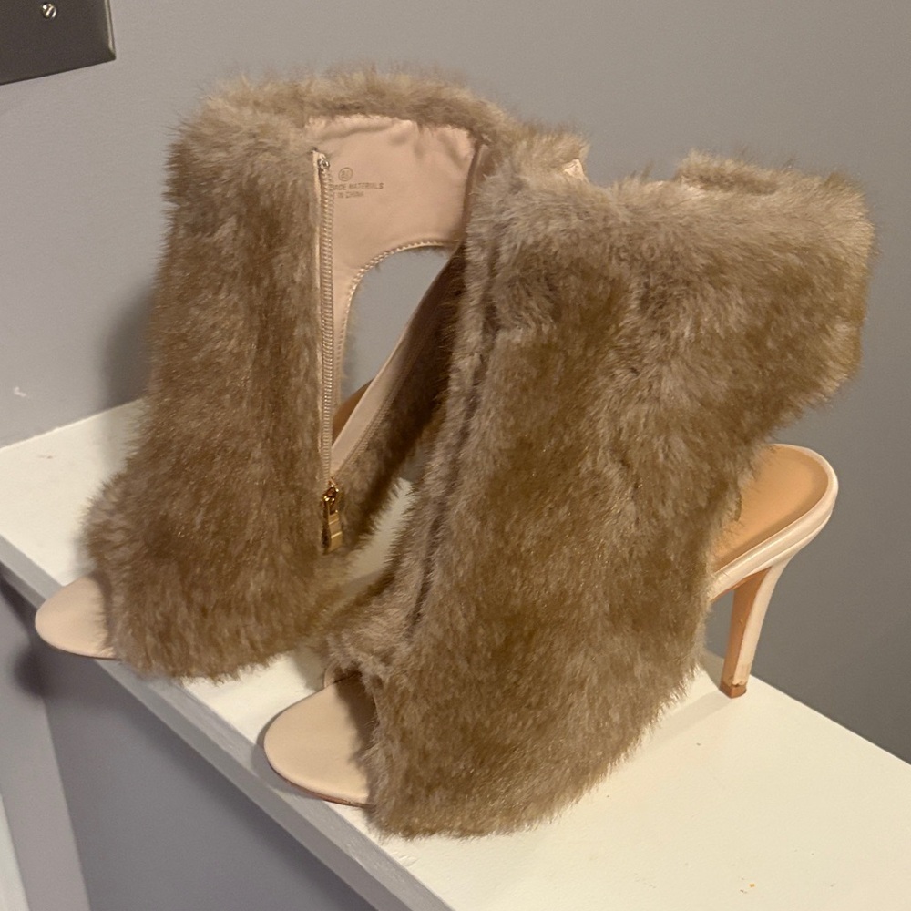 Liliana Tan Faux Fur Open-Toe Heels